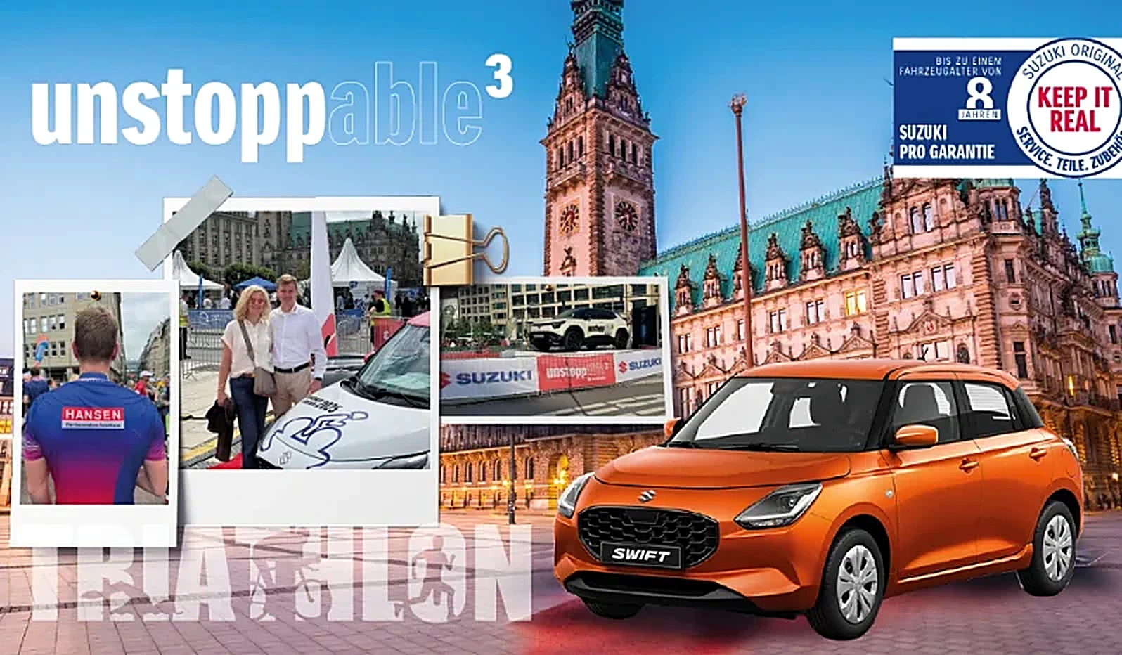 Suzuki Swift – Triathlon-Hansen-Deal unstoppable³ vor dem Hamburger Rathaus